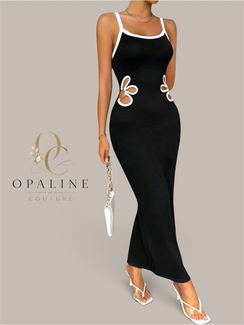 Opaline Couture Black Maxi Dress with White Trim and Side Cutouts